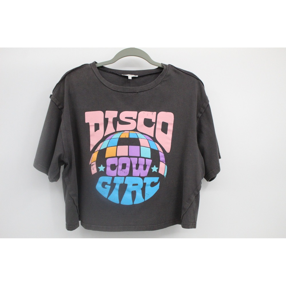 Baevely Disco Cowgirl Graphic Crop Top Charcoal Gray Exposed Seam Tee Large